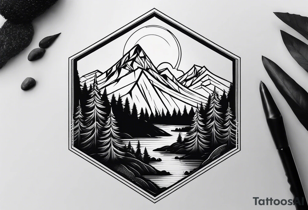 mountain with trees in hexagon tattoo idea