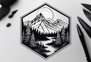 mountain with trees in hexagon tattoo idea