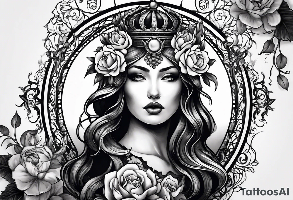persephone goddess theme tattoo with a dark or gothic perspective. Include pomegranate, flowers and her being the queen of the underwood tattoo idea