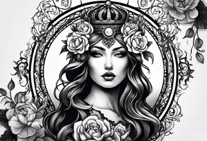 persephone goddess theme tattoo with a dark or gothic perspective. Include pomegranate, flowers and her being the queen of the underwood tattoo idea