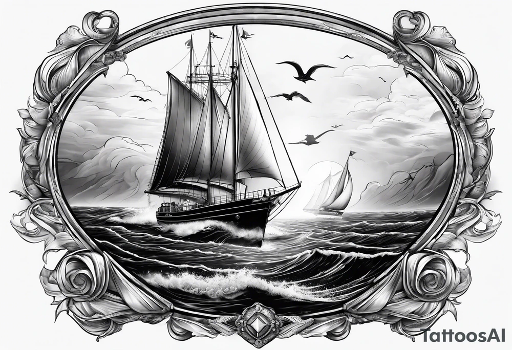 ghost marine lighthouse behind the bow of a sailboat. tattoo idea