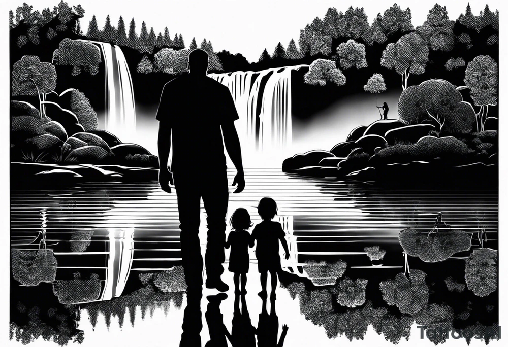 Silhouette of father standing in between daughter and younger son in front of water with reflection and waterfall with the waterfall only being blue. Everything else black and white. 6 year old daughter on one side and 2 year old son on the other side of the father tattoo idea
