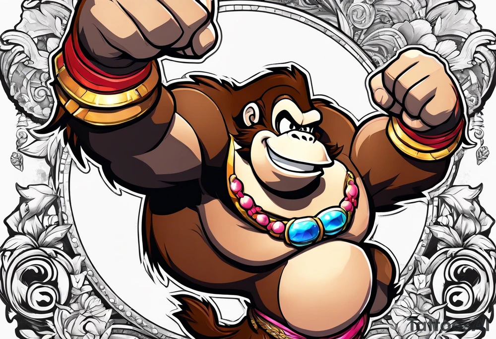 Donkey Kong flexing and holding up sexy Princess PeCh tattoo idea