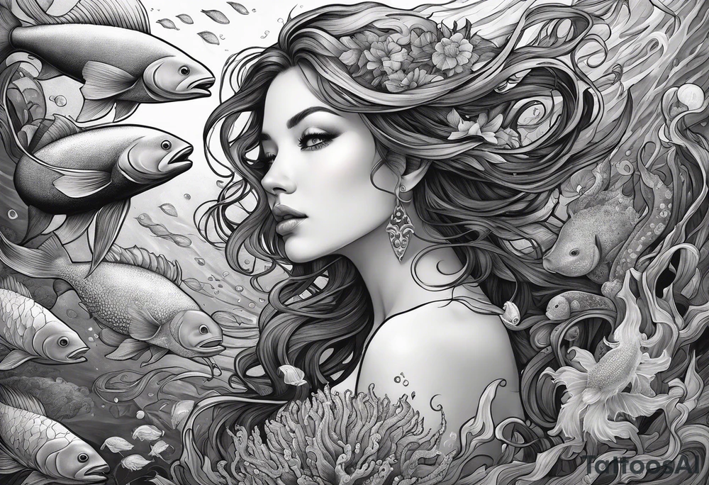 Full-body portrait of an ethereal woman of the sea surrounded by deep sea creatures. tattoo idea