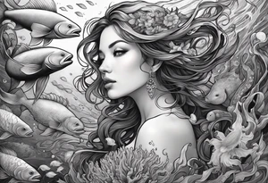 Full-body portrait of an ethereal woman of the sea surrounded by deep sea creatures. tattoo idea