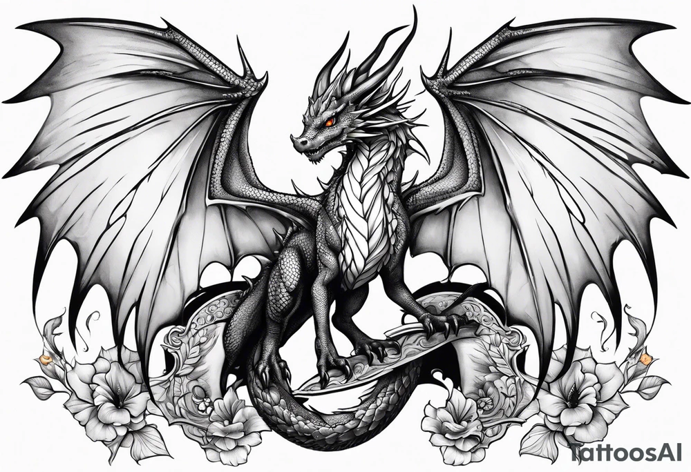 Beautiful female dragon with wings spread mushrooms in wings tattoo idea