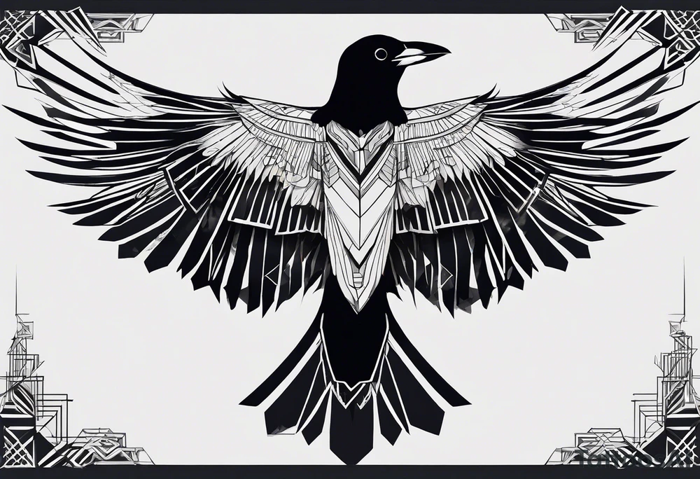 silhouette of a crow with half open wings
every line must be straight
half the body geometric
half thebody real tattoo idea
