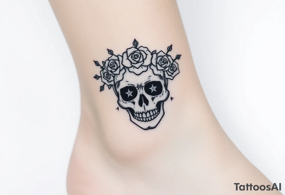 ornate skull adorned with crown of wild roses and thorns tattoo idea