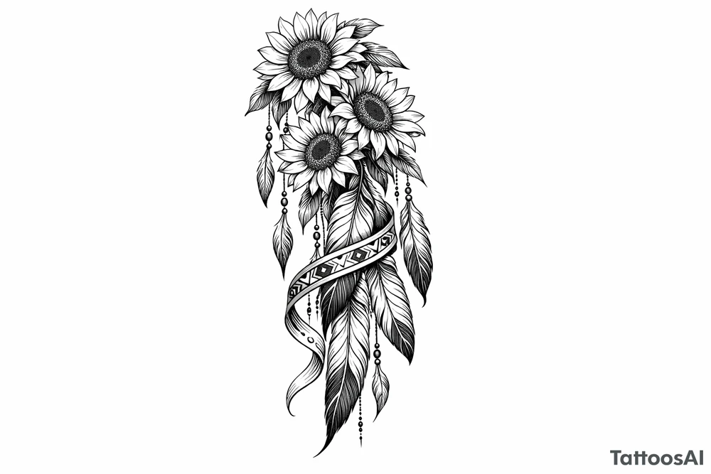 Cascading Sunflowers over Indian feathers and Indian ribbon tattoo idea