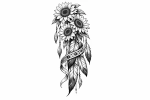 Cascading Sunflowers over Indian feathers and Indian ribbon tattoo idea