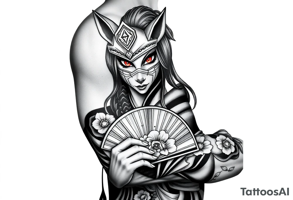 japanese samurai woman with red eyes wearing a kitsune half-mask and holding a fan with irises flowers ornement tattoo idea