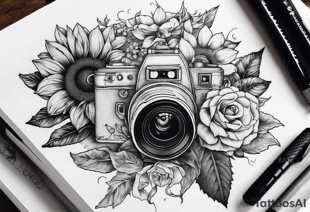 Sunflower, camera, book, owl, flower rose tattoo idea
