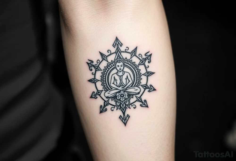A symbol of victory over enemies surrounded by symbols of meditation and a new life tattoo idea