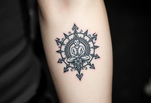 A symbol of victory over enemies surrounded by symbols of meditation and a new life tattoo idea