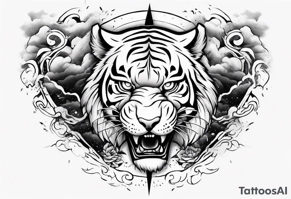 A mythical tiger forearm sleeve tattoo, with lightning and clouds filling the area tattoo idea