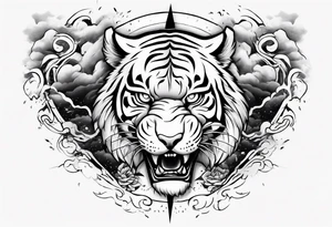 A mythical tiger forearm sleeve tattoo, with lightning and clouds filling the area tattoo idea
