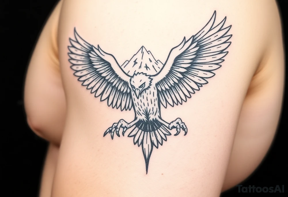 majestic eagle spreading wings against mountain peaks tattoo idea
