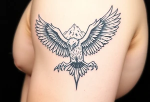 majestic eagle spreading wings against mountain peaks tattoo idea