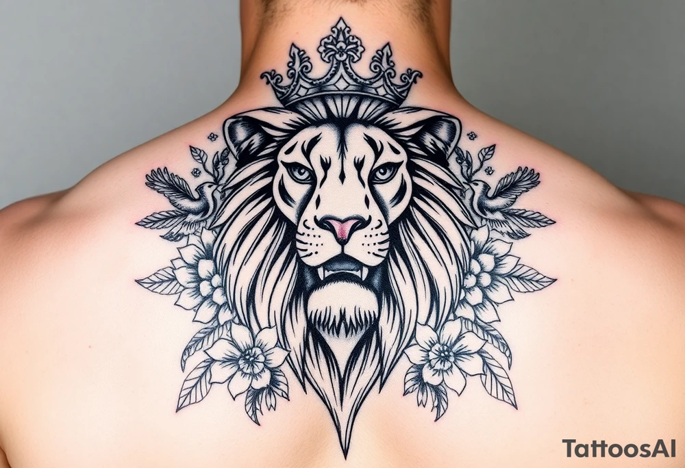 powerful majestic lion with a crown, surrounded by floral ornaments and birds tattoo idea