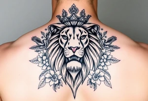 powerful majestic lion with a crown, surrounded by floral ornaments and birds tattoo idea