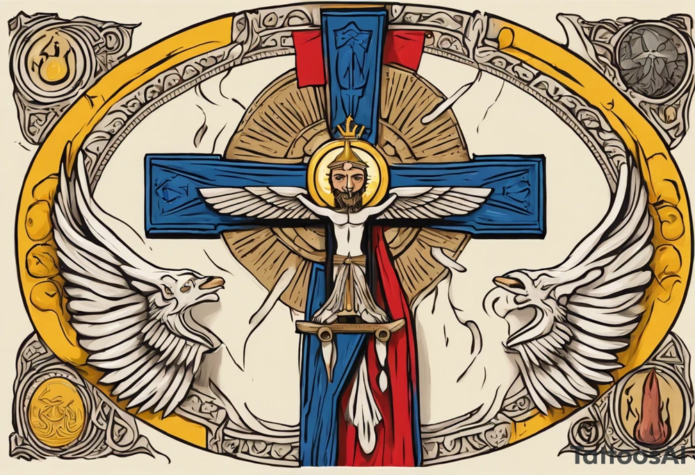 A medieval cross with an assyrian flag in the middle. A crown om top of the cross. The assyrian king Sennacherib. A sun and a moon. A cloud with rain and thunder. charizard. an imperfect cirkle. a candle. a swan. lemons. the god asshur with wings. an ankh. angel wings with a halo. surrounded by olive branches and feathers. tattoo idea