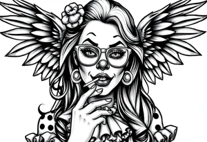 beautiful long hair pin up Clown Girl pays thug eyeglasses  angelic wings smoking a cigarette tattoo idea