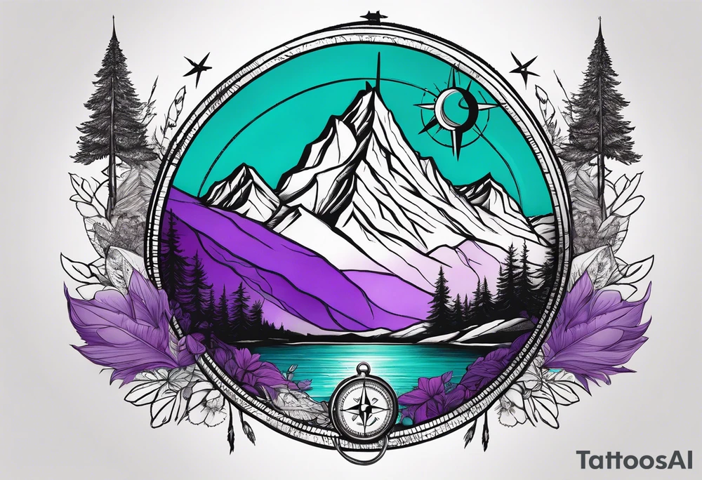 Mountain with a compass rose behind it. Teal and Purple nature in front. tattoo idea