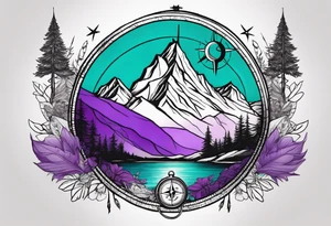 Mountain with a compass rose behind it. Teal and Purple nature in front. tattoo idea