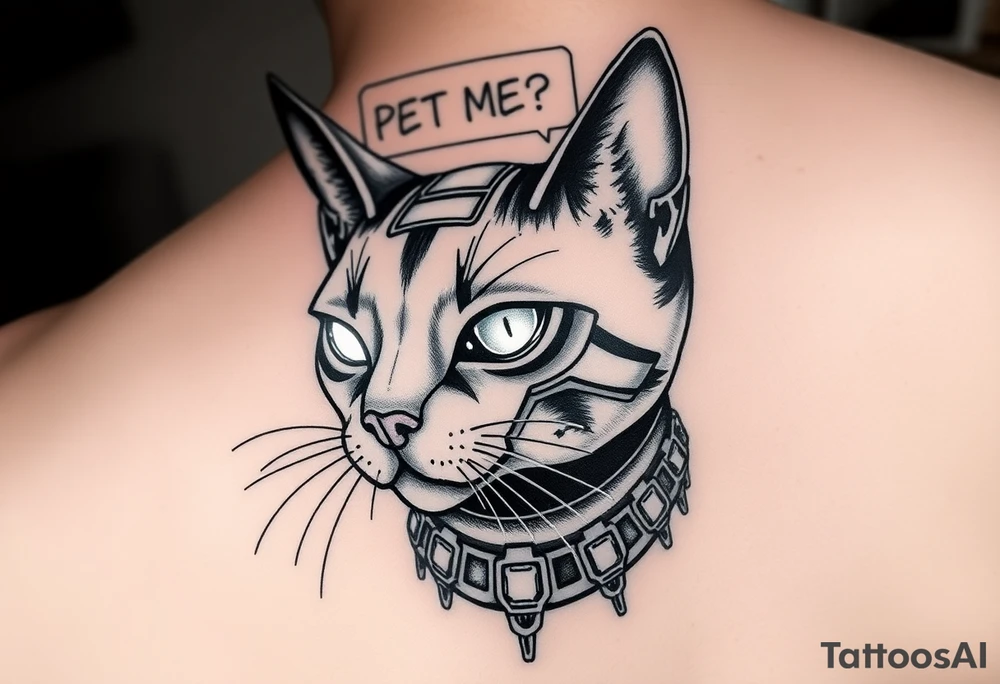 Cybernetic Cat with a Holographic CollarA sleek, cyberpunk cat with one glowing eye and mechanical enhancements.A floating AR display above its head showing "PET ME?"Whiskers made of thin fiber-optic cables. tattoo idea