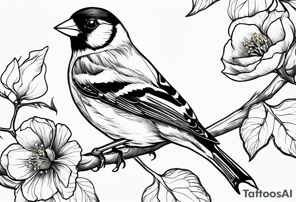 Generate a tattoo design of a goldfinch surrounded by delicate vines, emphasizing its bright colors and playful nature tattoo idea