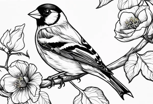 Generate a tattoo design of a goldfinch surrounded by delicate vines, emphasizing its bright colors and playful nature tattoo idea