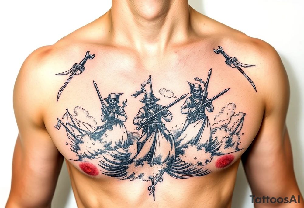 Color Pirate chest piece with pirate crew charging the shore with weapons drawn as waves crash around them tattoo idea