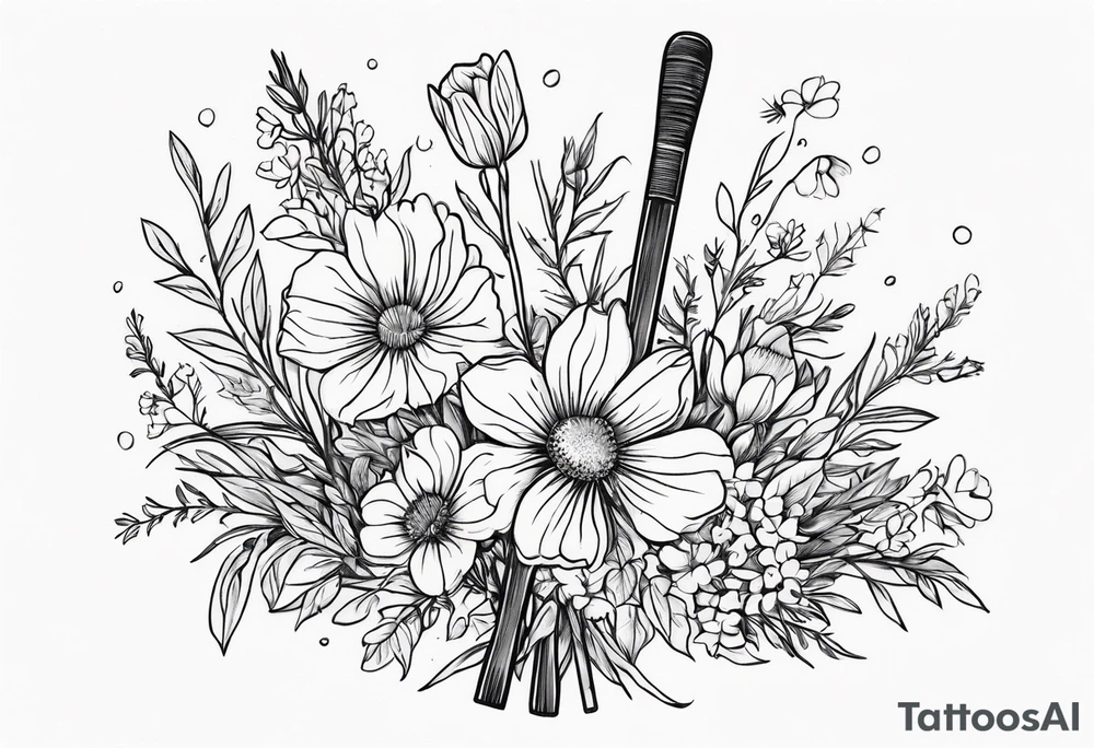 Bouquet of wildflowers tied to a broom handle tattoo idea