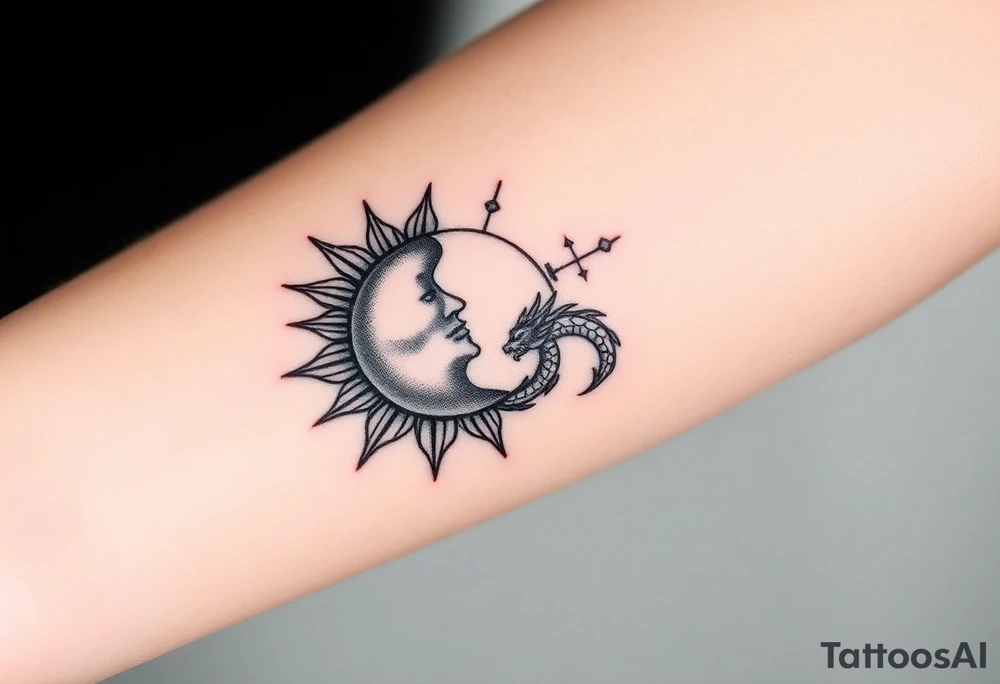 sun and moon in constellation with dragon pattern tattoo idea