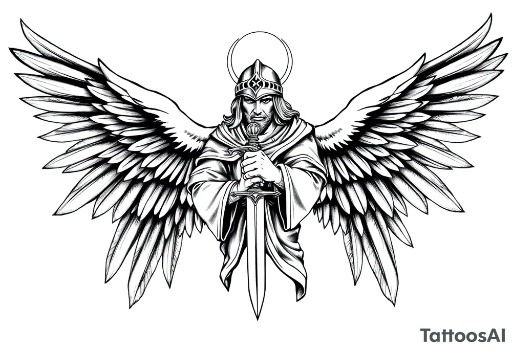 Holy Archangel, Biblical, Christianity, Hebrew, Guards of Christianity, Holding a sword, has six wings, wearing helmet, halo, seraphim tattoo idea