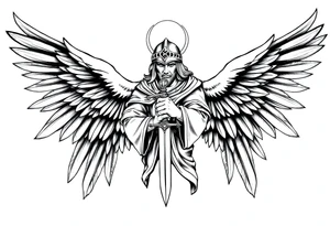 Holy Archangel, Biblical, Christianity, Hebrew, Guards of Christianity, Holding a sword, has six wings, wearing helmet, halo, seraphim tattoo idea