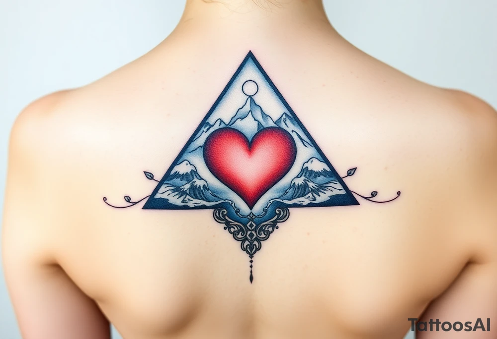 A triangle with a big heart in the center with an ocean mountain theme tattoo idea