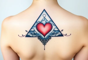 A triangle with a big heart in the center with an ocean mountain theme tattoo idea