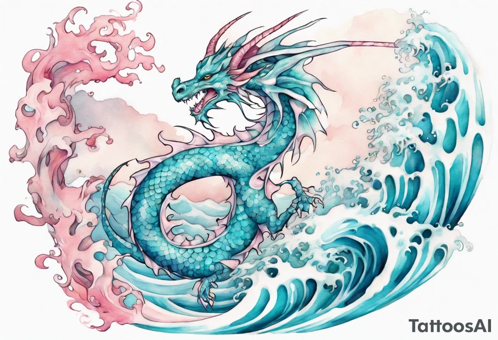 a beautiful turquoise and white and pink fairy dragon rising from the blue waves of the ocean tattoo idea