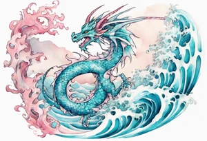 a beautiful turquoise and white and pink fairy dragon rising from the blue waves of the ocean tattoo idea