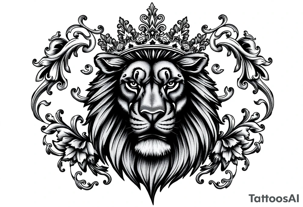 majestic lion wearing ornate crown, surrounded by baroque flourishes tattoo idea