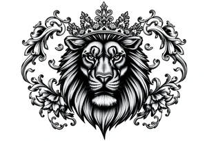 majestic lion wearing ornate crown, surrounded by baroque flourishes tattoo idea