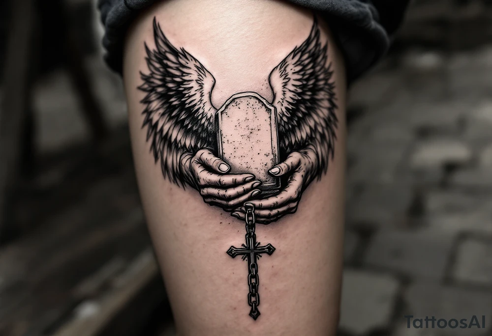 Angel hold headstone in hands with a cross chain hanging down with large wings tattoo idea
