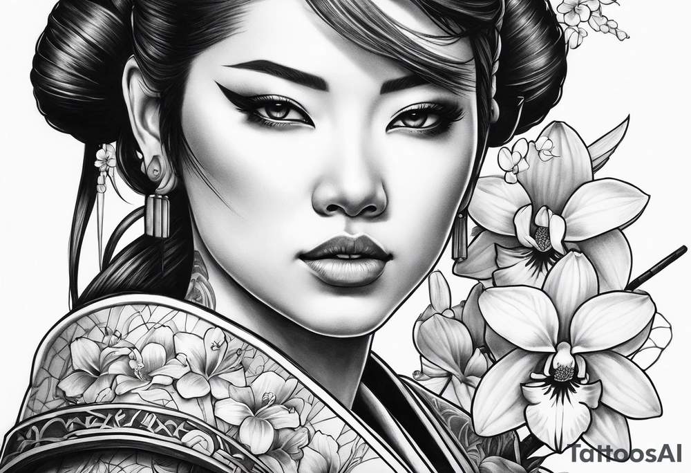 Female samurai with orchids tattoo idea