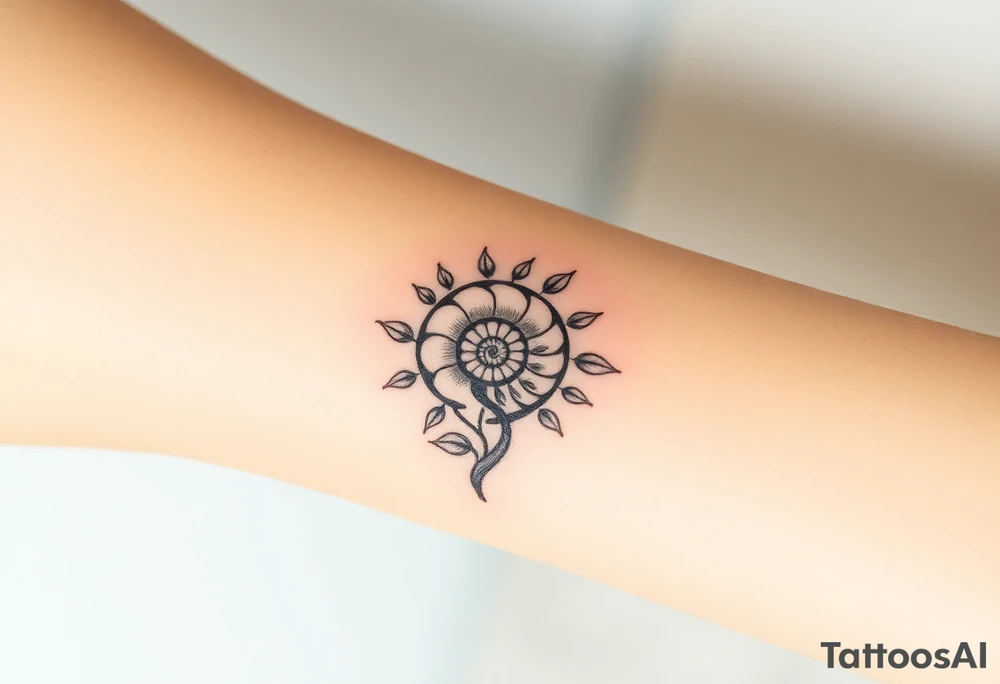 Fibonacci spiral shell inside of tree with leaves tattoo idea