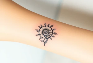 Fibonacci spiral shell inside of tree with leaves tattoo idea