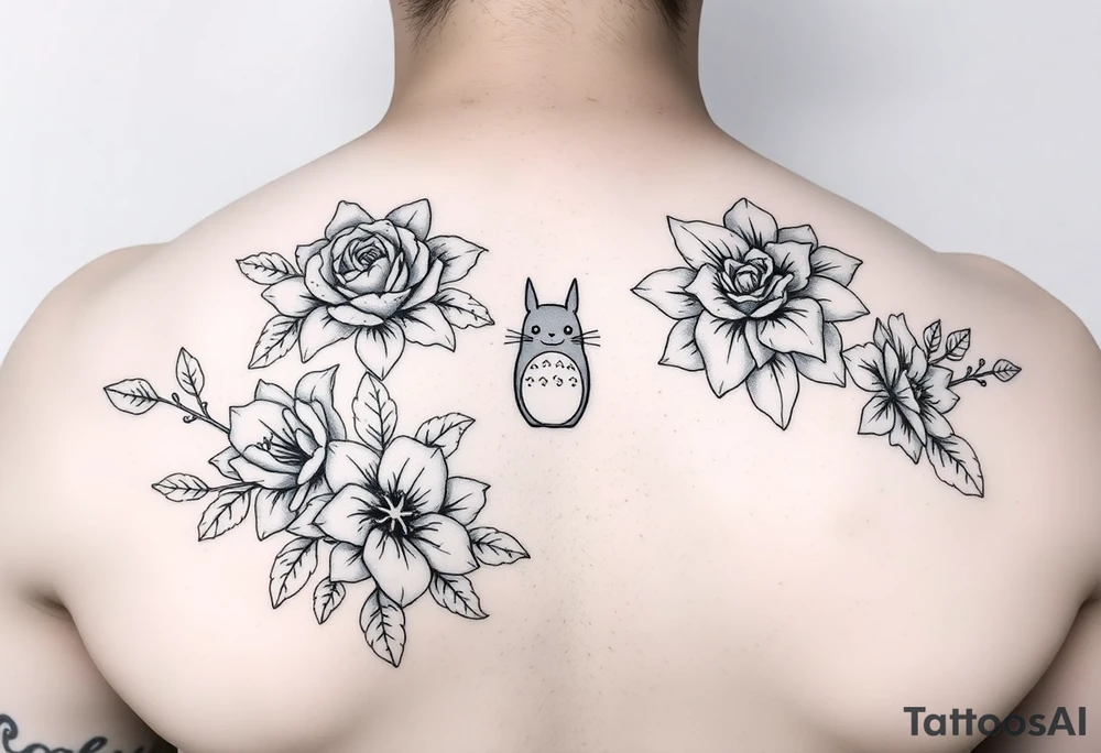 fine line tattoo of roses and lilies with Totoro Characters throughout for arm/forearm tattoo idea