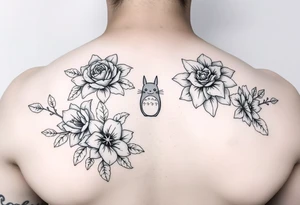 fine line tattoo of roses and lilies with Totoro Characters throughout for arm/forearm tattoo idea