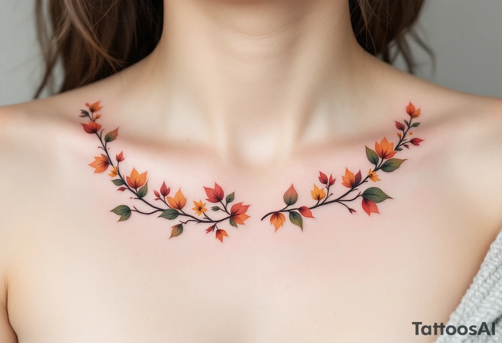 Two separate collarbone tattoos of long, stems and branches covered with red, orange, yellow and dark forest green leaves and flowers, fall themed, muted, delicate and gentle but moody, long and thin, following the collarbone. More muted, not so bright tattoo idea
