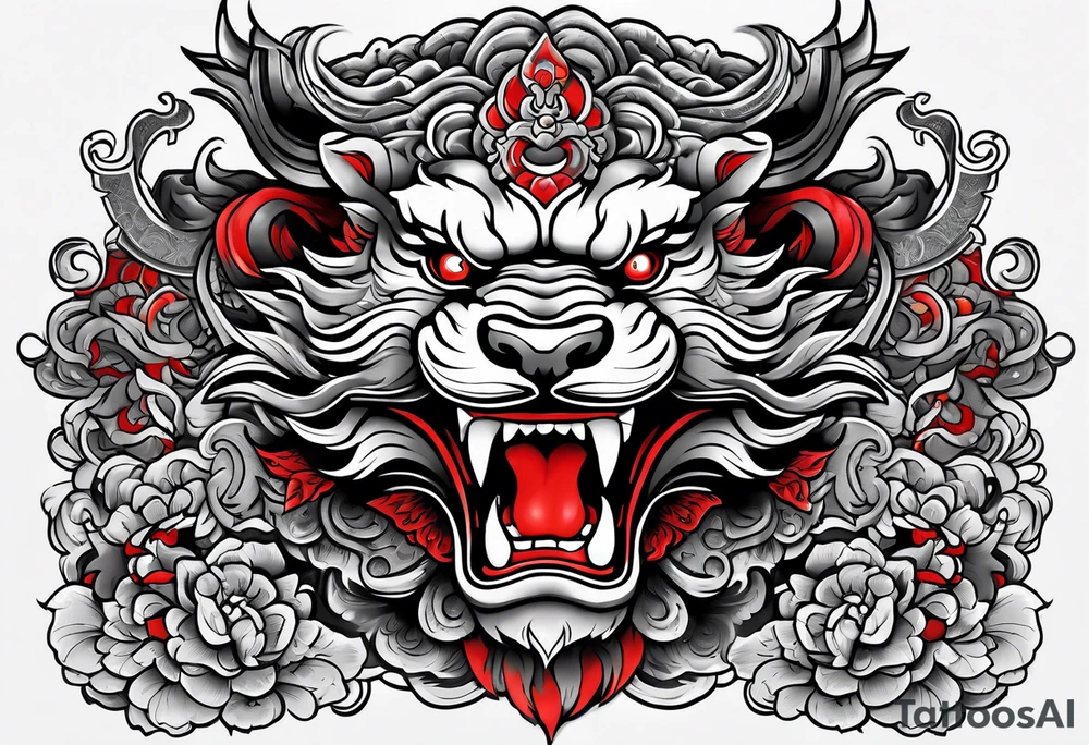 Sleeve tattoo 
Black and white, grey with red and scarlet accent. Japanese Shisa Okinawa, Thai yak/giant and Thai naga. Image of protection. tattoo idea